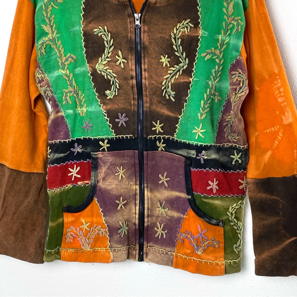 Patchwork Embroidered Zip Front Hooded Sweatshirt… - image 3